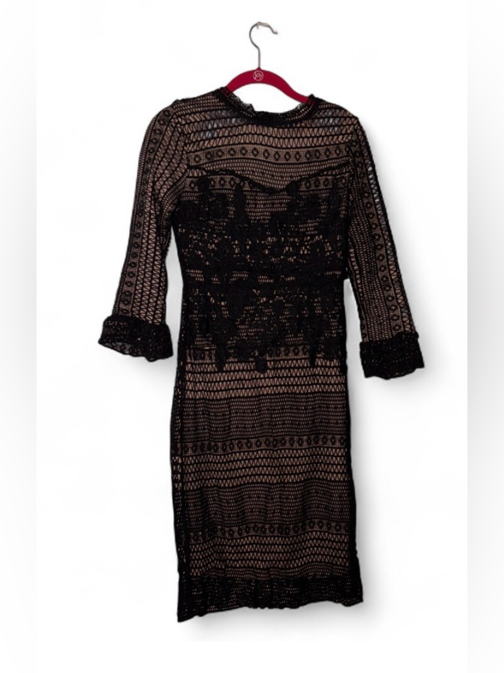 Polagram Black Crochet Long Sleeve Sheath Dress